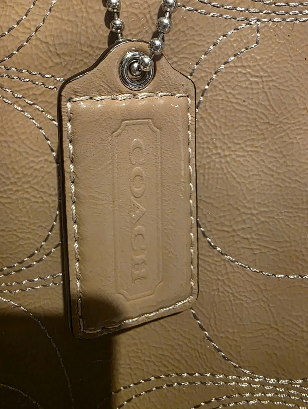 Coach Tan with lilac stitching and interior patten Leather Signature Tote